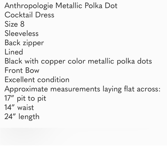 Anthropologie metallic cocktail dress with gold polka dot size 8 - Picture 4 of 4